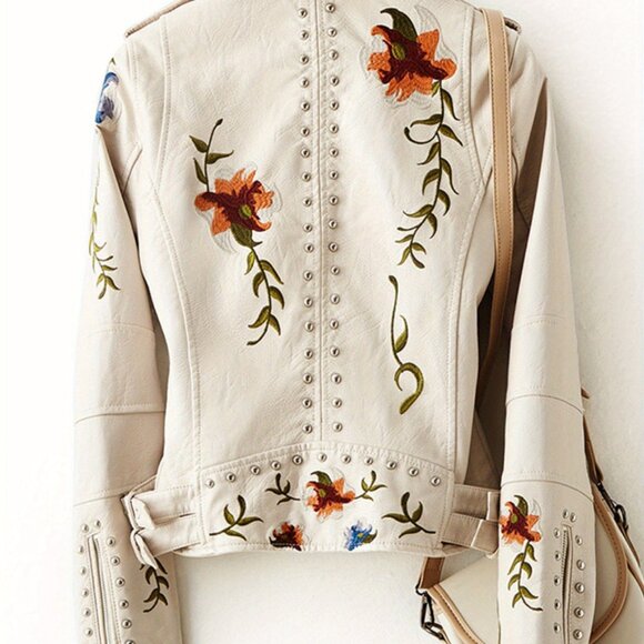 Women Floral Embroidered Moto PU Leather Jacket Coat - Picture 7 of 7